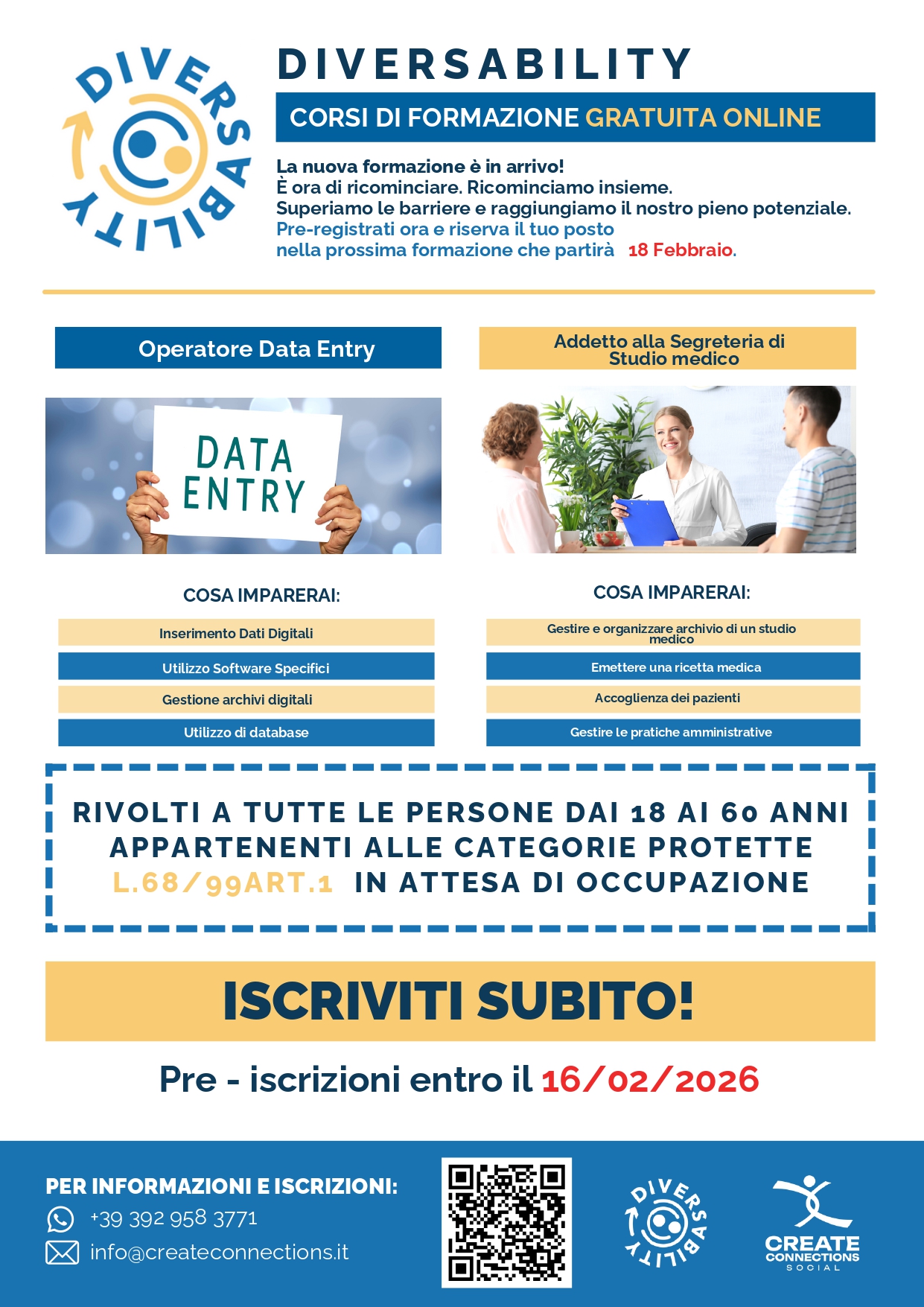 Corsi di Formazione Gratuita Online riservati a persone con disabilità - Addetto alla segreteria (online) e Operatore Data Entry (online)